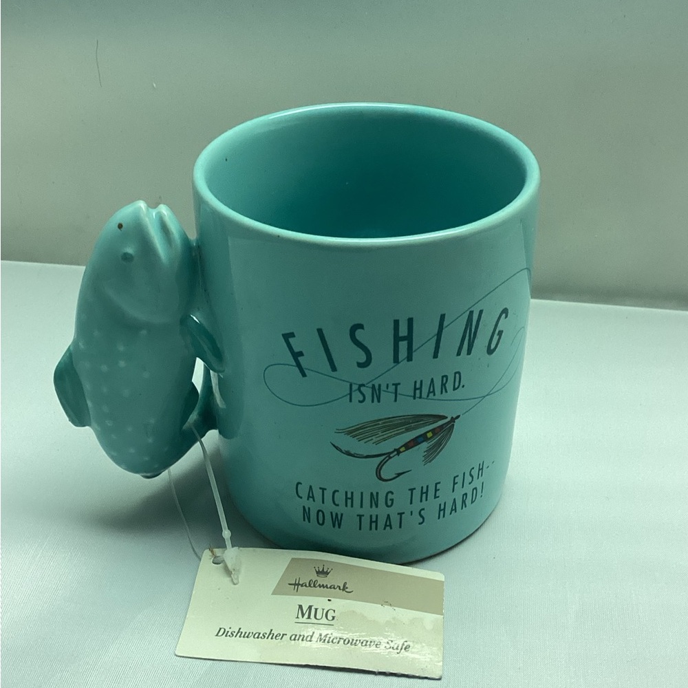 Hallmark Teal Ceramic Mug with Fish Handle and Fishing Graphic